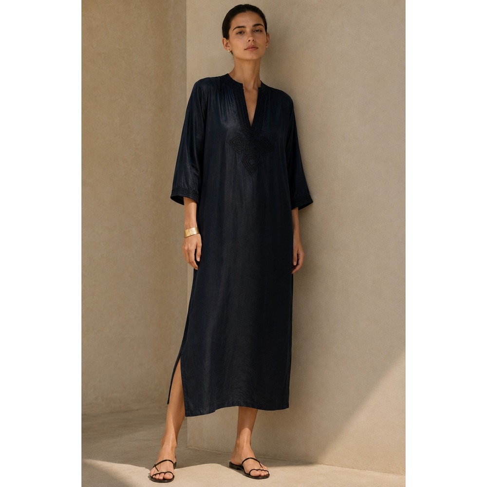 Nili Lotan Embroidered‎ Silk Kaftan Dress Black Large